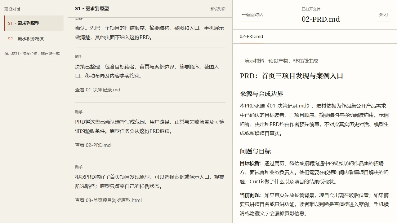 S1 预设对话与手动打开的需求文档并排显示。