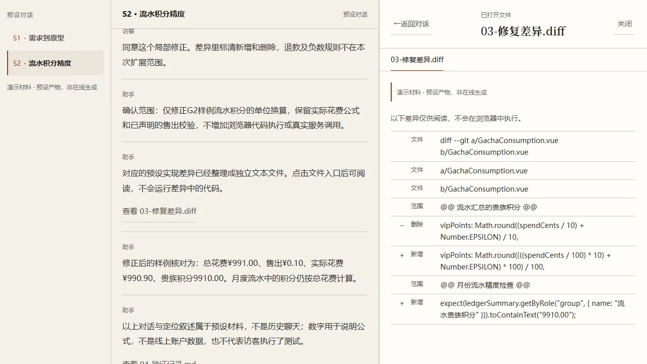 S2 预设对话与手动打开的消费流水积分代码差异。